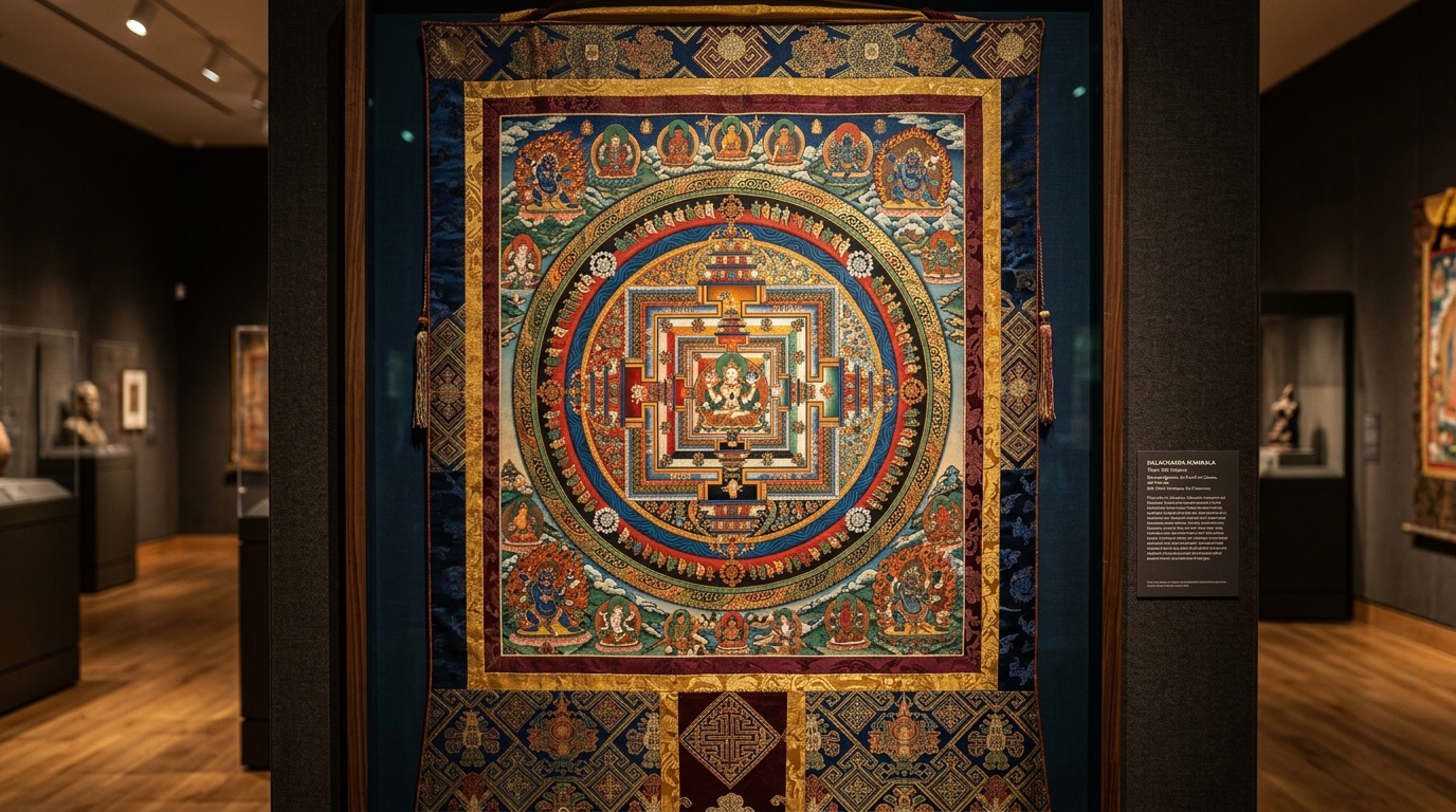 Pictură originală Thangka Mandala Kalachakra expusă în Galeria Naropa